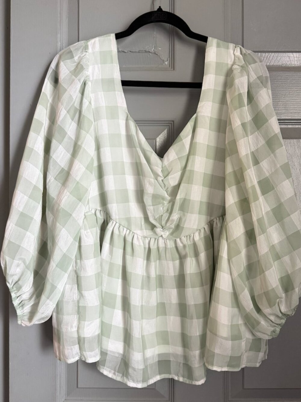 Andrée by Unit Mint Green Gingham Babydoll Blouse Women's 1X Puff Sleeve Cottage
